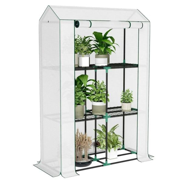 White steel-framed greenhouse with three tiers, clear side panels for plants