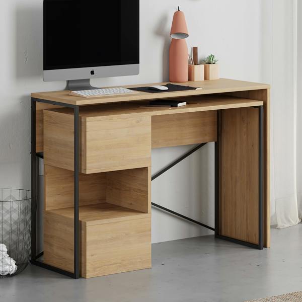 Decortie Modern Badau L-Shaped Computer Desk Metal Legs 3 Adjustable Storage Shelf Extra Table 110cm(W) Work PC Office