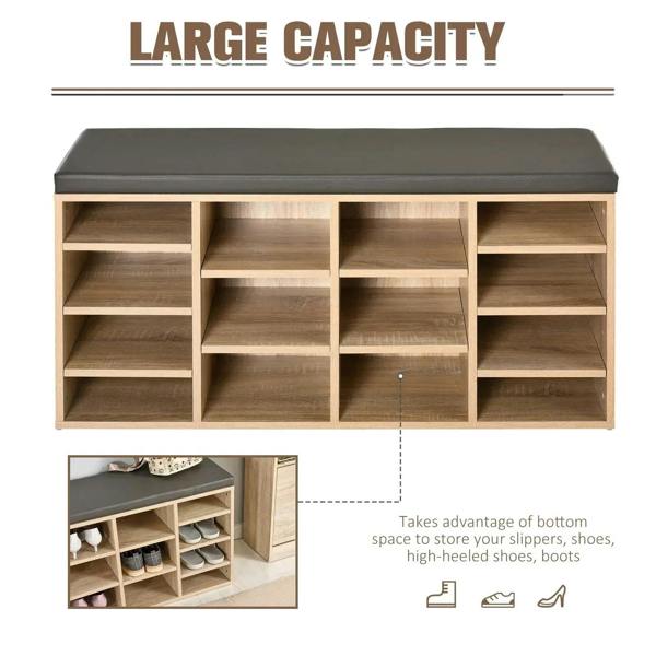 Shoe rack with dark cushioned top and open cubby rows for shoes and boots