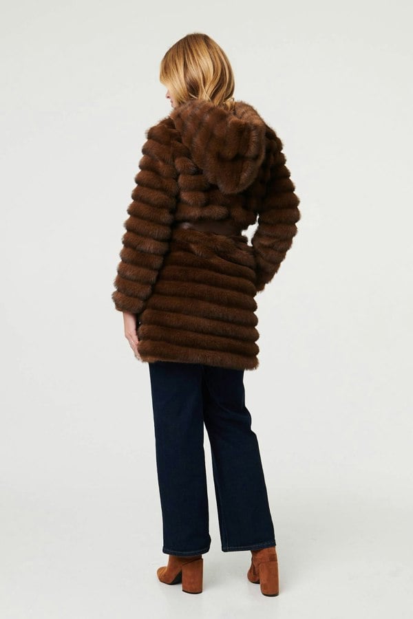 Brown | Faux Fur Striped Tie Waist Longline Coat
