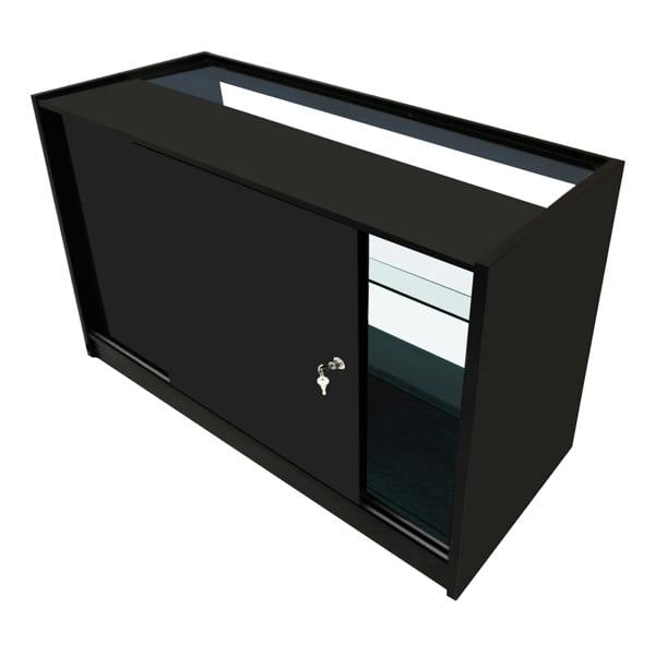 Sleek black Hyperion LED shop counter set with sliding door, glass shelves, and modern design, perfect for retail displays