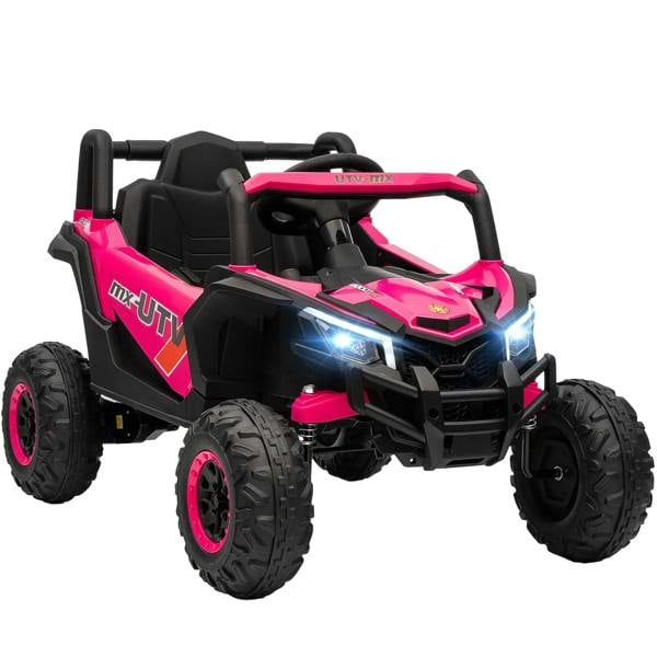 Pink kids electric ride-on car with black roll bar, four large wheels, glowing headlights