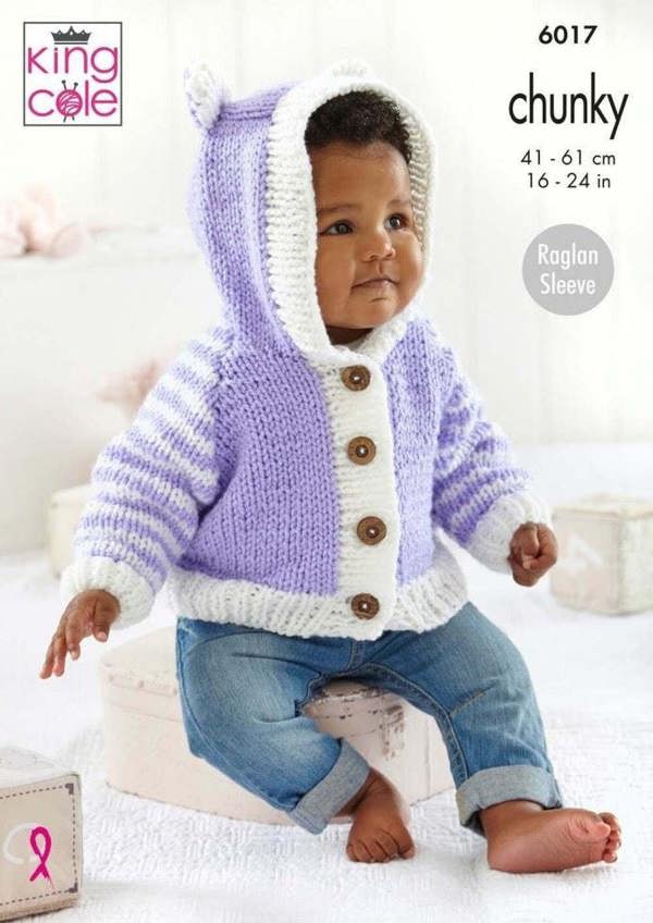 King Cole Big Value Baby Chunky Knitting Pattern 6017, Jackets, Hoodies, Cardigans, Blankets for Baby, 16 - 24 Inches