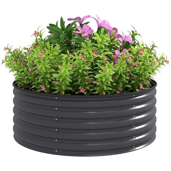 Dark grey raised galvanized garden bed planter box with safety edging, rounded corners