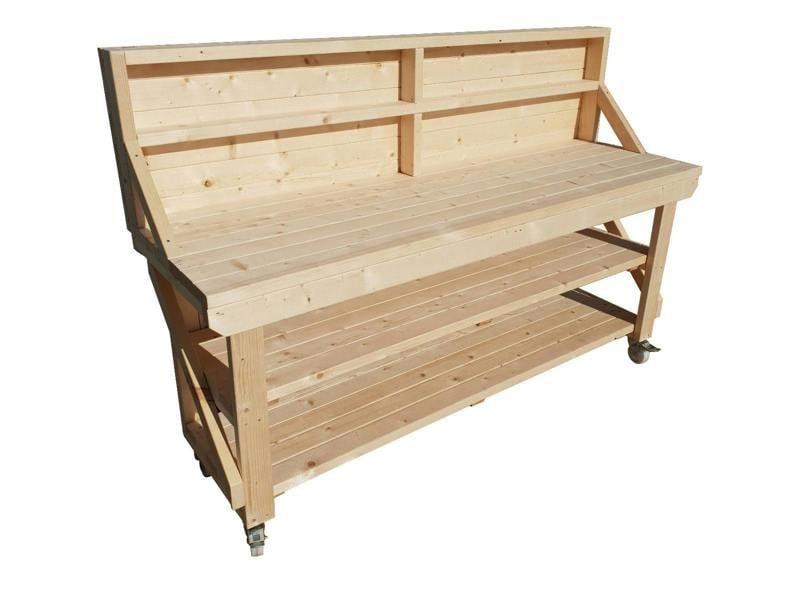 Acorn kiln-dried wooden workbench with back panel, double shelf and wheels ideal for workshops and garages