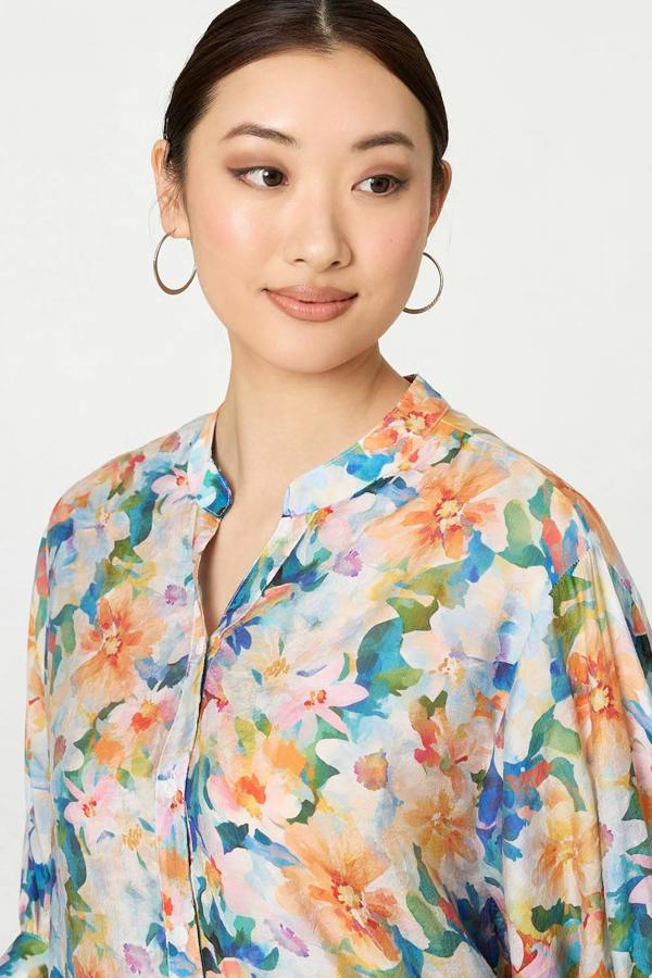 Blue | Floral 3/4 Sleeve Relaxed Button Blouse