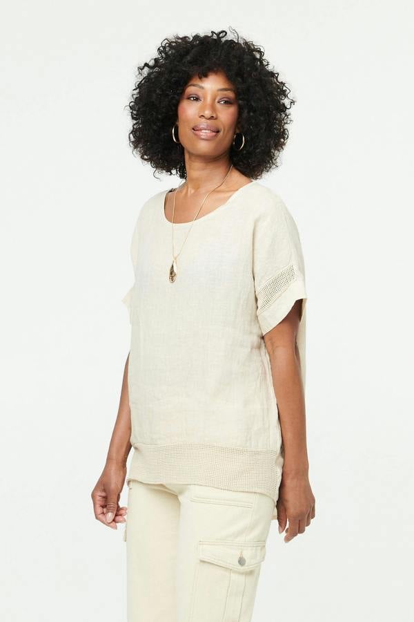 Linen | Relaxed Mesh Trim 1/2 Sleeve Top