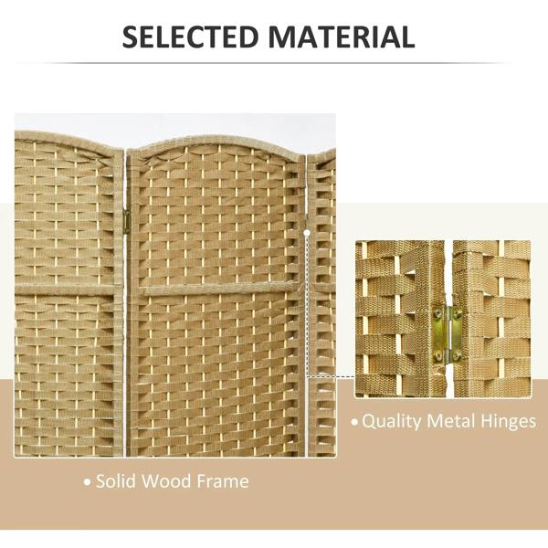 Woven privacy screen with solid wood frame and metal hinges, natural finish