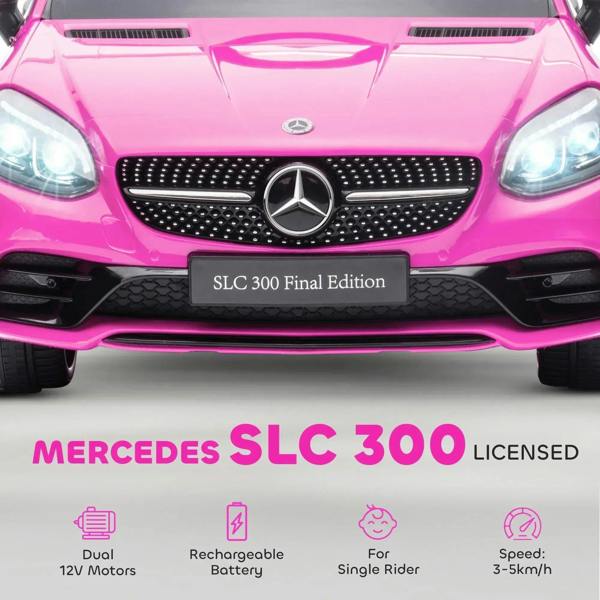 Pink kids ride-on car front grille with Mercedes emblem and LED headlight details