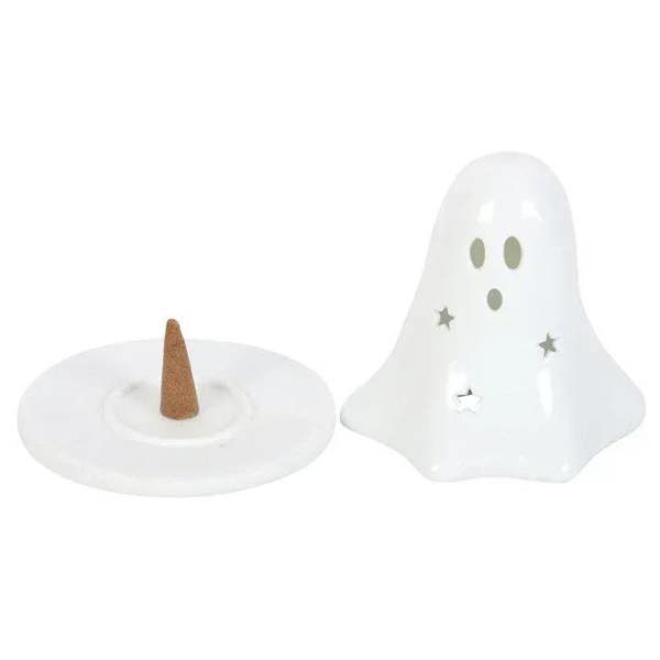 White ceramic ghost incense holder with matching cone on round base