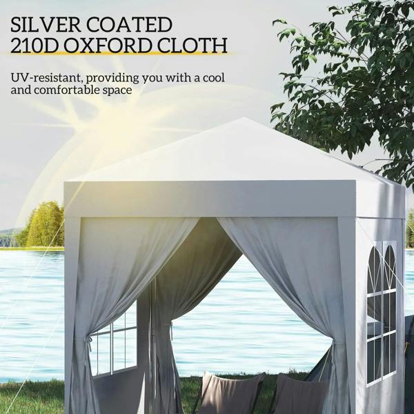 White pop-up gazebo with silver-coated roof and arched window openings