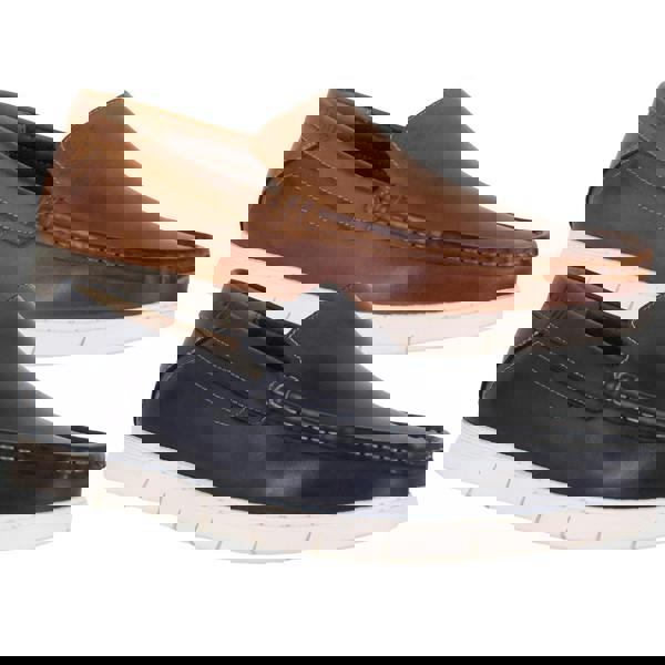 Front Dino Mens Smart Casual Slip On Loafer Shoes, brown and black leather loafers with white sole for men.