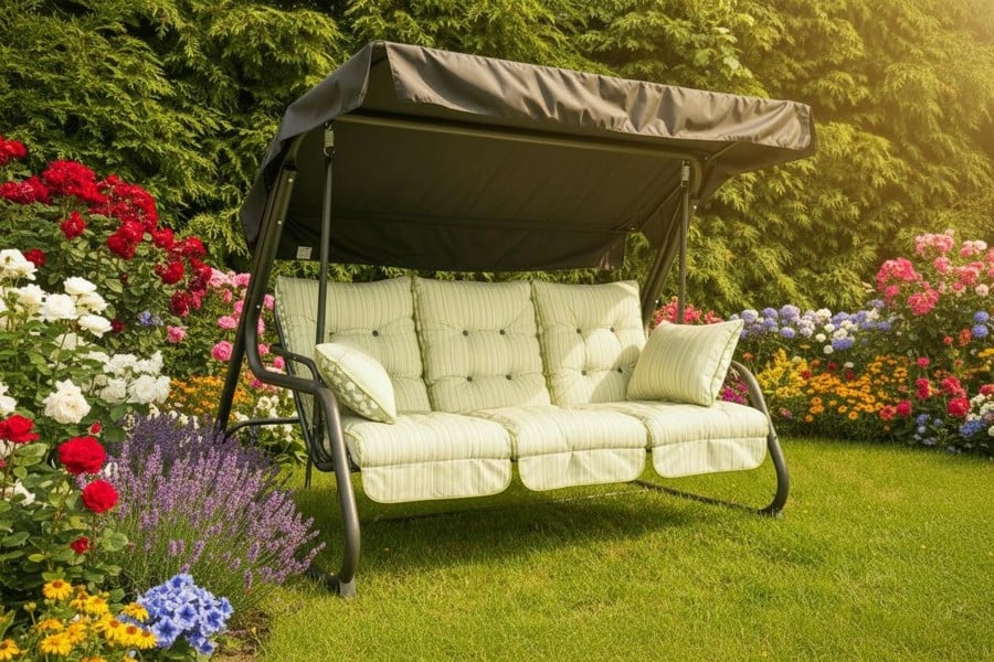 Glendale Pendulum 3 Seater Garden Hammock Swing with Cushions - Convertible Bed - Cotswold Stripe - 190(L) x 160 (W)