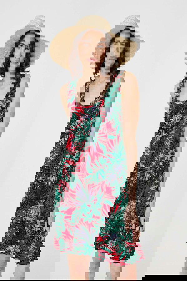 Red | Leaf Print Sleeveless Tunic Dress