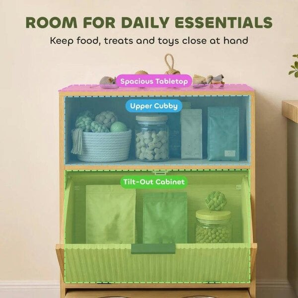 Pet Feeder Station with Storage, Dog Food Storage Container w/ 2 Raised Bowls, Tilt Out Cabinet, Slow Feeder Mat