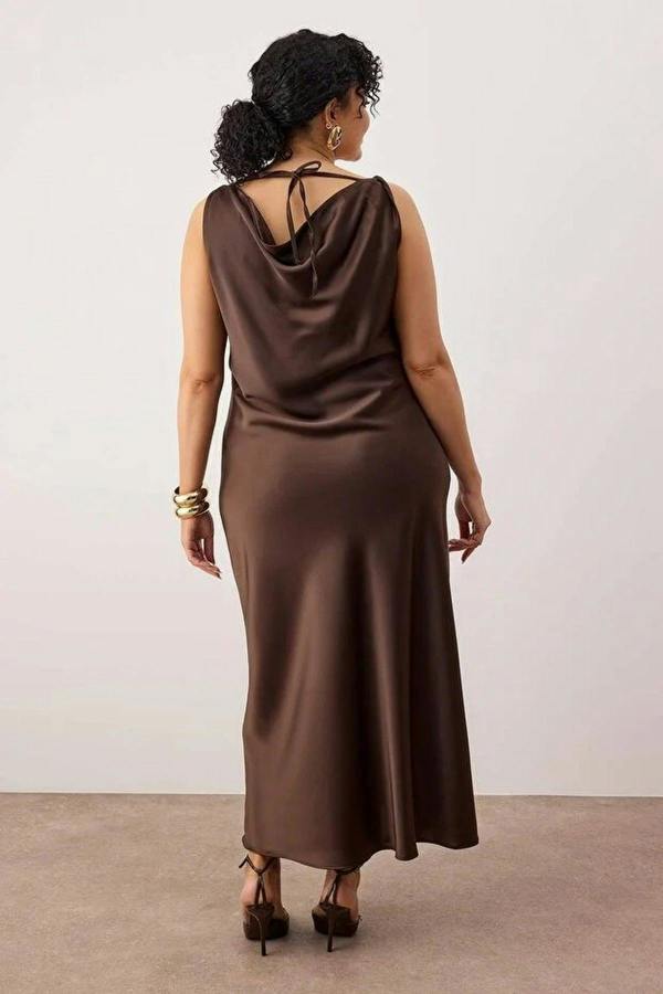 WOVCOR Midi V-Neck Satin Woven Plus Size Dress