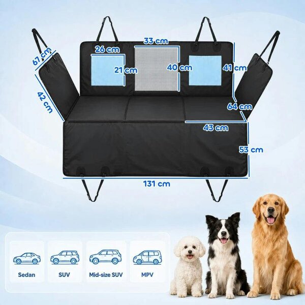 Dog Car Seat Cover, Waterproof Dog Travel Hammock w/ Non-Slip & Anti-Scratch Surface, Mesh Window and Pockets, Blue