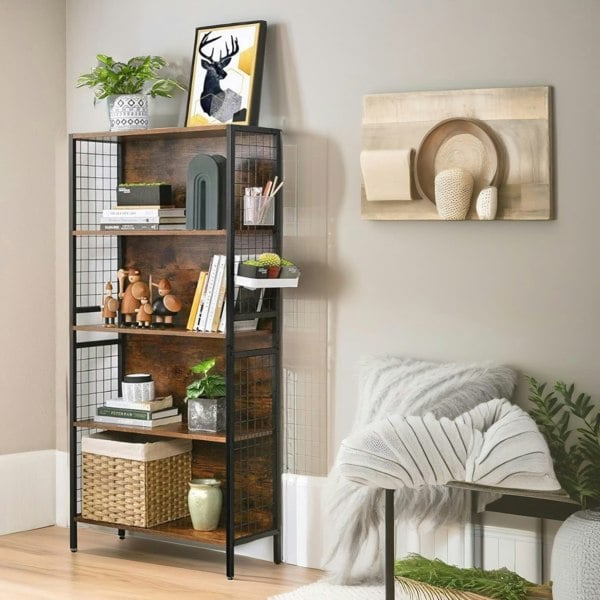 Rafaelo Mobilia 4 Tier Industrial Storage Bookcase Shelf Rustic Brown