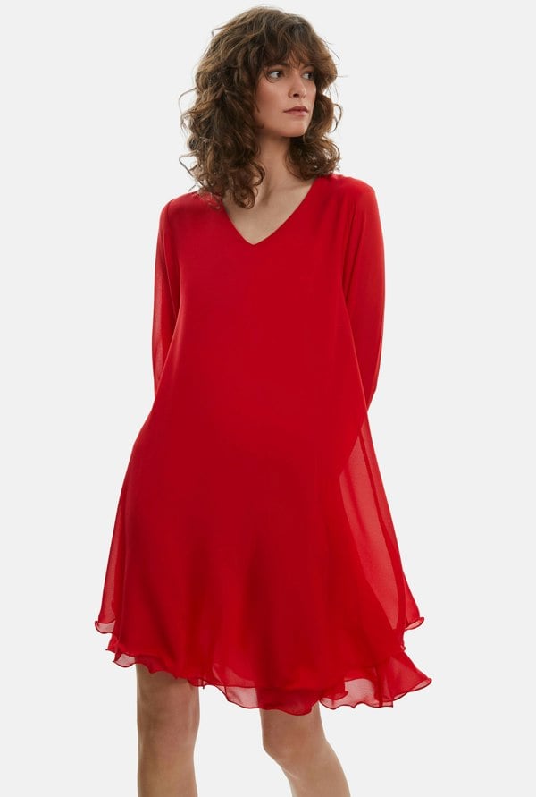 Long Sleeve Red Wave Hem Dress - James Lakeland