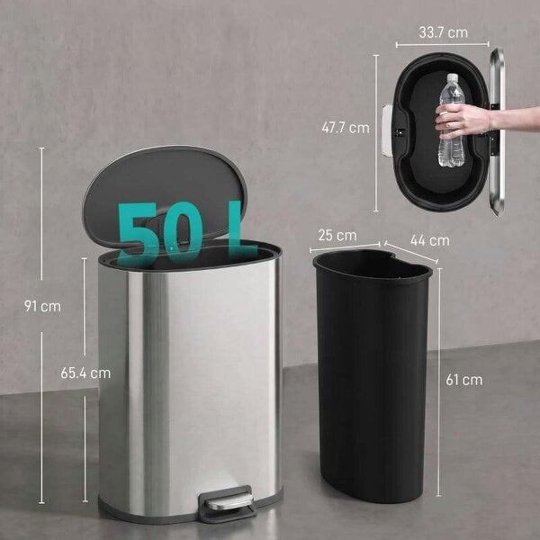 50L Kitchen Pedal Bin, Rubbish Bin with Soft-Close and Stay-Open Lid, Removable Inner Bucket, Silver Tone