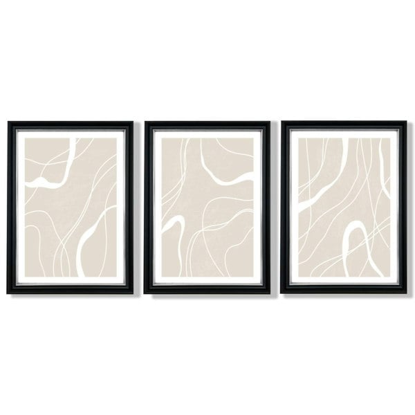Set of 3 Abstract Neutral Beige Framed Art Prints with Vermeer Black and Silver Frames