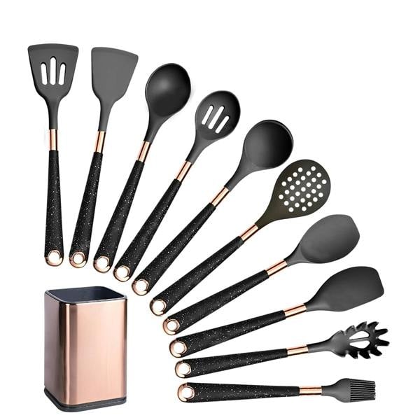 Anygleam Nonstick Kitchen Utensils Set Black 10pcs Gold Plated Handle with Support Storage Box Heat Resistant Cooking Tools Accessories