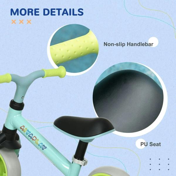 Detail view of light green balance bike handlebar grip and black PU seat