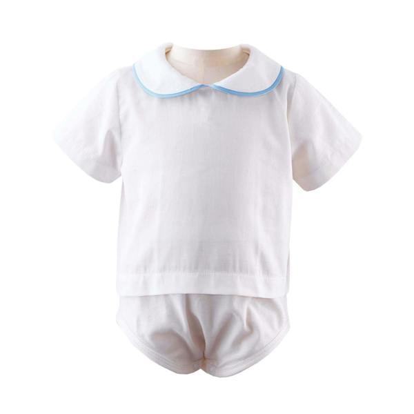 Blue piping peter pan collar white shirt with jersey body.