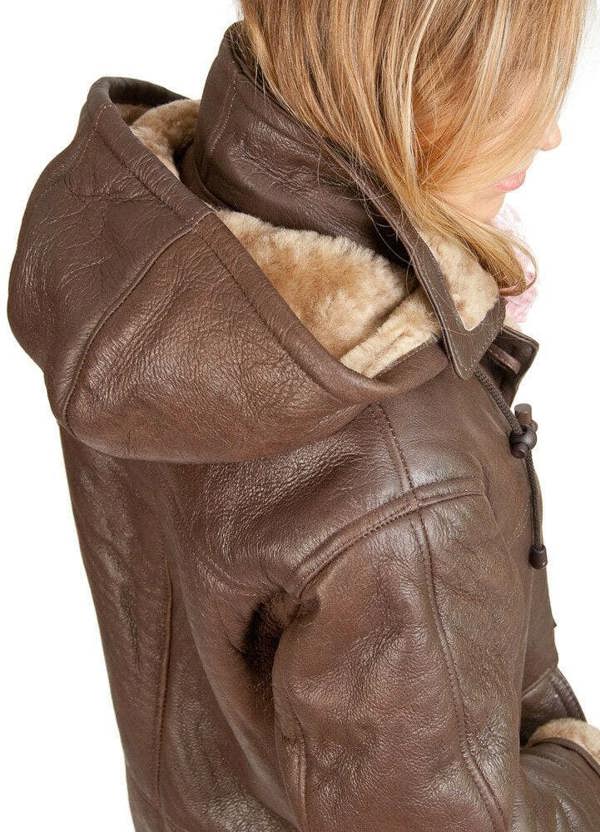 Infinity Leather Womens Brown Hooded Sheepskin Leather Duffle Coat-Charlotte