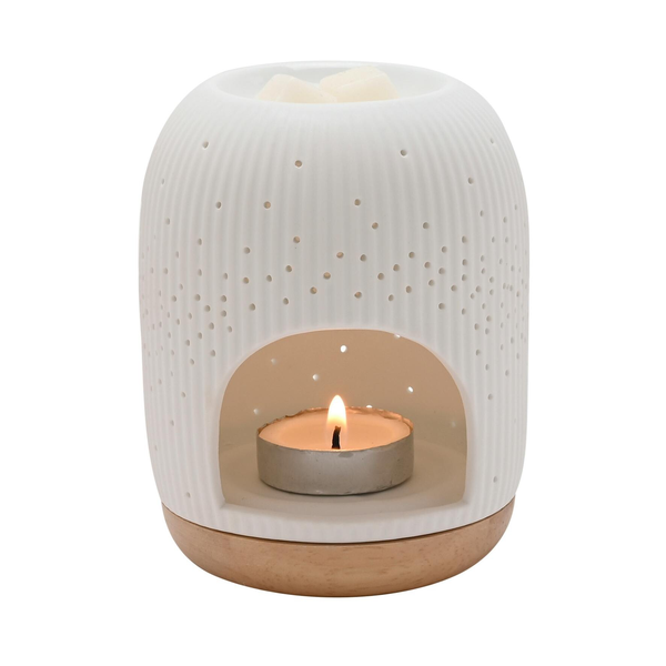 Hestia White Ringed Ceramic Wax Melt Burner With Pin Hole Detail