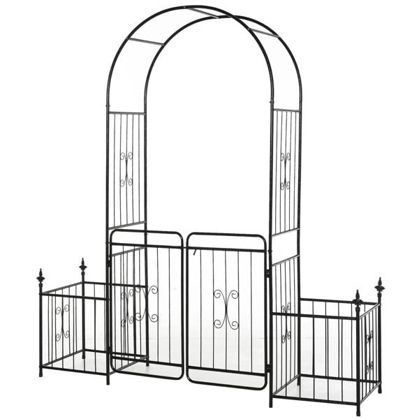 Black metal garden arbor arch with double doors and side fence panels, scrollwork accents