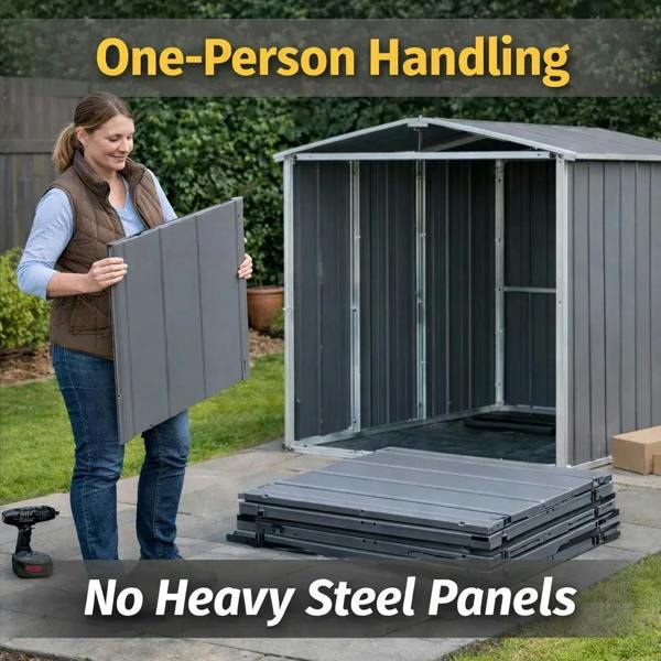 Grey plastic garden storage shed with doors open, showing interior access and base