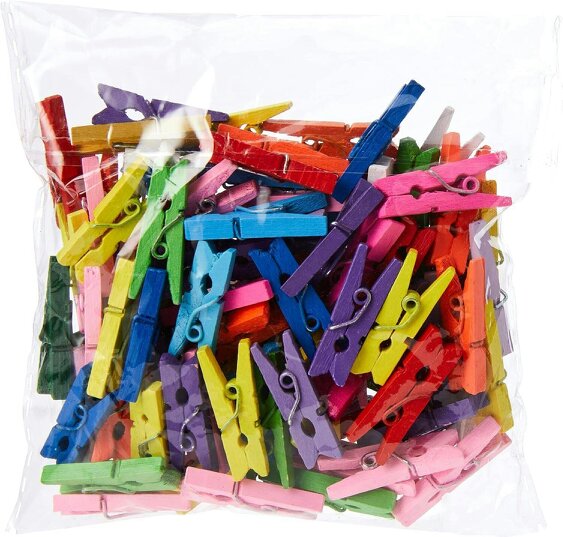 Shatchi 25mm Wooden Mini Clothes Pegs Assorted Colours Pack of 100 for Crafts, Photos and Displays