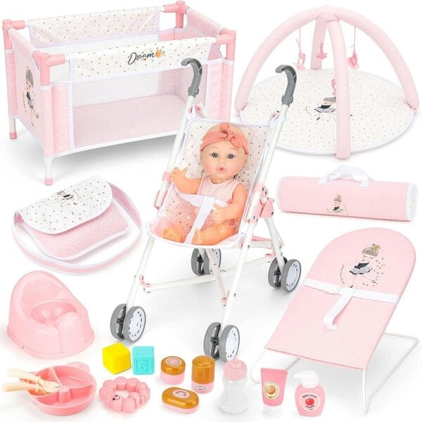 deAO Toys deAO Baby Doll Nursery Playset with 12" Doll, Stroller, Crib, Play Mat & Travel Bags Role‑Play Toy for Kids Ages 3–8