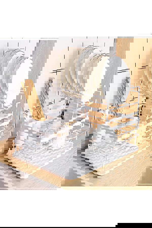 Living and Home Kitchen 2-Tier Metal Dish Drainer Rack Detachable Storage Drip Tray Sink Washing Plates Draining Board - White