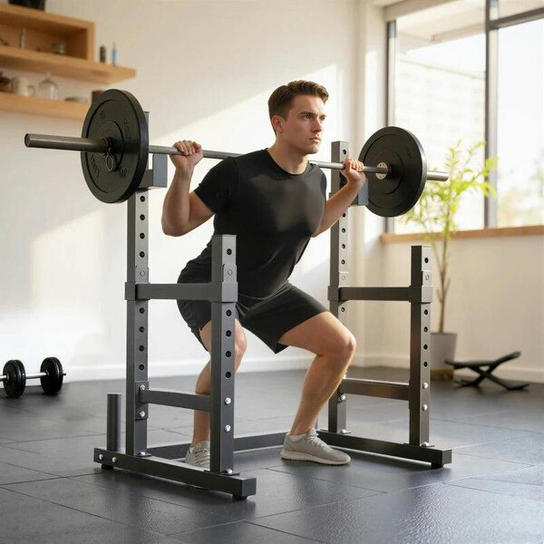 Adjustable Squat Rack with Plate Holders, 300 kg Load - Black