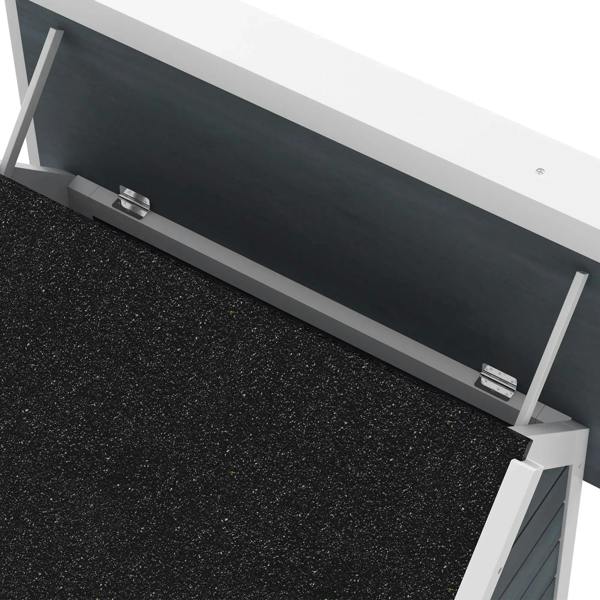 Openable roof hardware detail on grey wooden cat house with dark asphalt cover