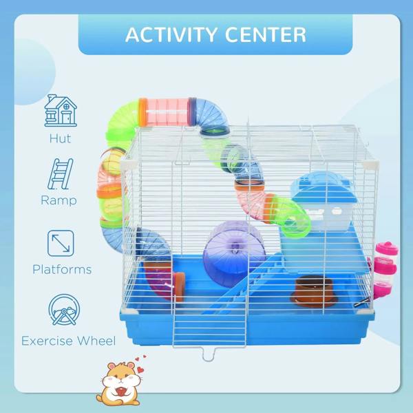 Blue 2-tier hamster activity center with exercise wheel, ramps, and tunnels