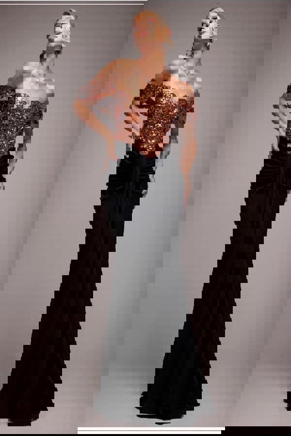 Corset Sequin Wing Bodice Scuba Skirt Maxi Dress - Bronze DR4816