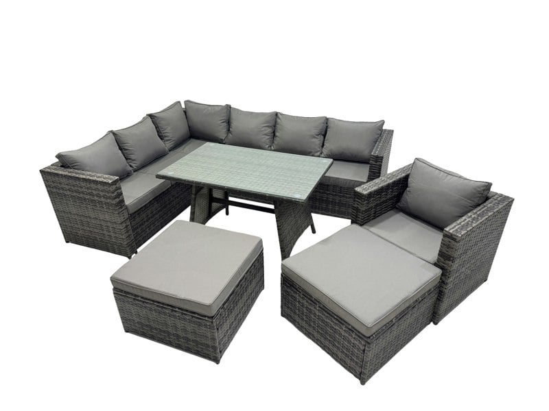 Fimous 9 seater Outdoor PE Rattan Sofa Set with Dining Table Patio Garden Furniture Sets with Chair 2 Big Stools Dark Grey Mixed