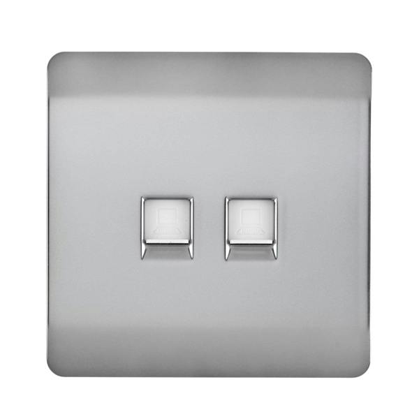 Trendi Switch 2 Gang RJ45 Cat 6 PC Ethernet & Modern Designer Telephone Slave Sockets in Brushed Steel