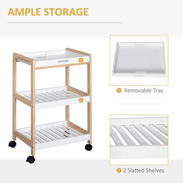 Kitchen trolley cart with removable white top tray and two slatted shelves on natural wood frame