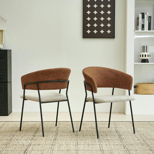 SONARA Set of 2 Curved Dining Chair with Sleek One-Piece Metal Frame - D56 X W56 X H77（cm） - Linen fabric - White & Brown