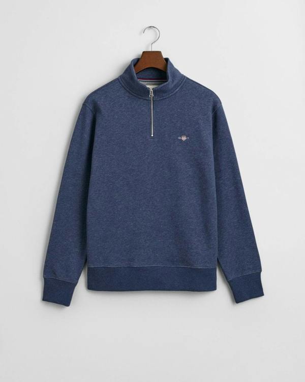 GANT Mens Regular Fit Shield Logo Half Zip Sweatshirt - 902 Dark Jeansblue Melange - CHO - Designer Mens Sweatshirts