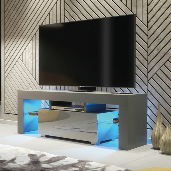 Mex Furniture 130cm TV Unit Cabinet Stand with Grey High Gloss Doors and Free LED Lights