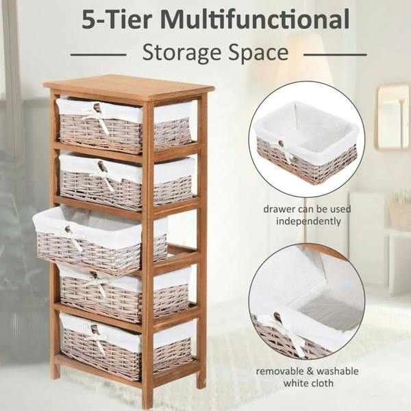 5-tier wicker storage cabinet with wooden frame and white-lined woven basket drawers