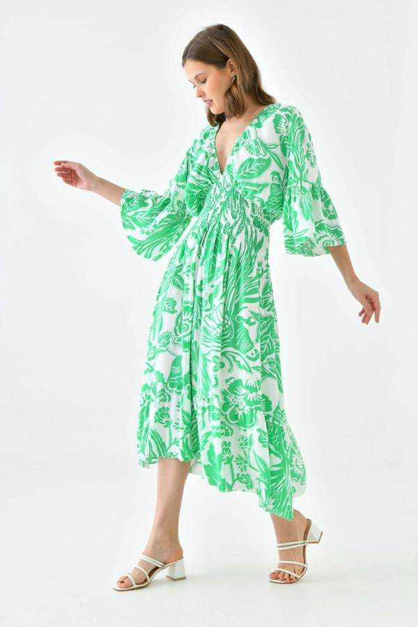 Hoxton Gal Oversized Flutter Sleeves Shirred Waist V Neck Midi Dress with Floral Print in Green and White