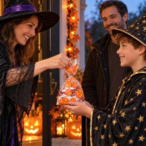 Shatchi 13x30cm Pumpkin Cello Gift Bags with Twist Ties, Pack of 20 for Halloween Treats