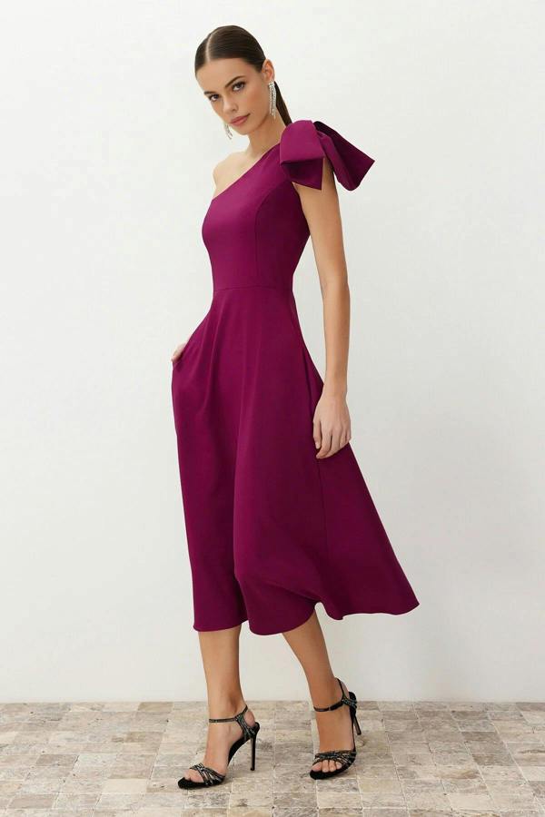 WOVCOR A-Line Elegant Woven Evening Gown with Bow Detail