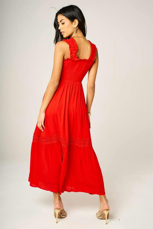 FS Collection Lace Detail Tiered Maxi Dress In Red